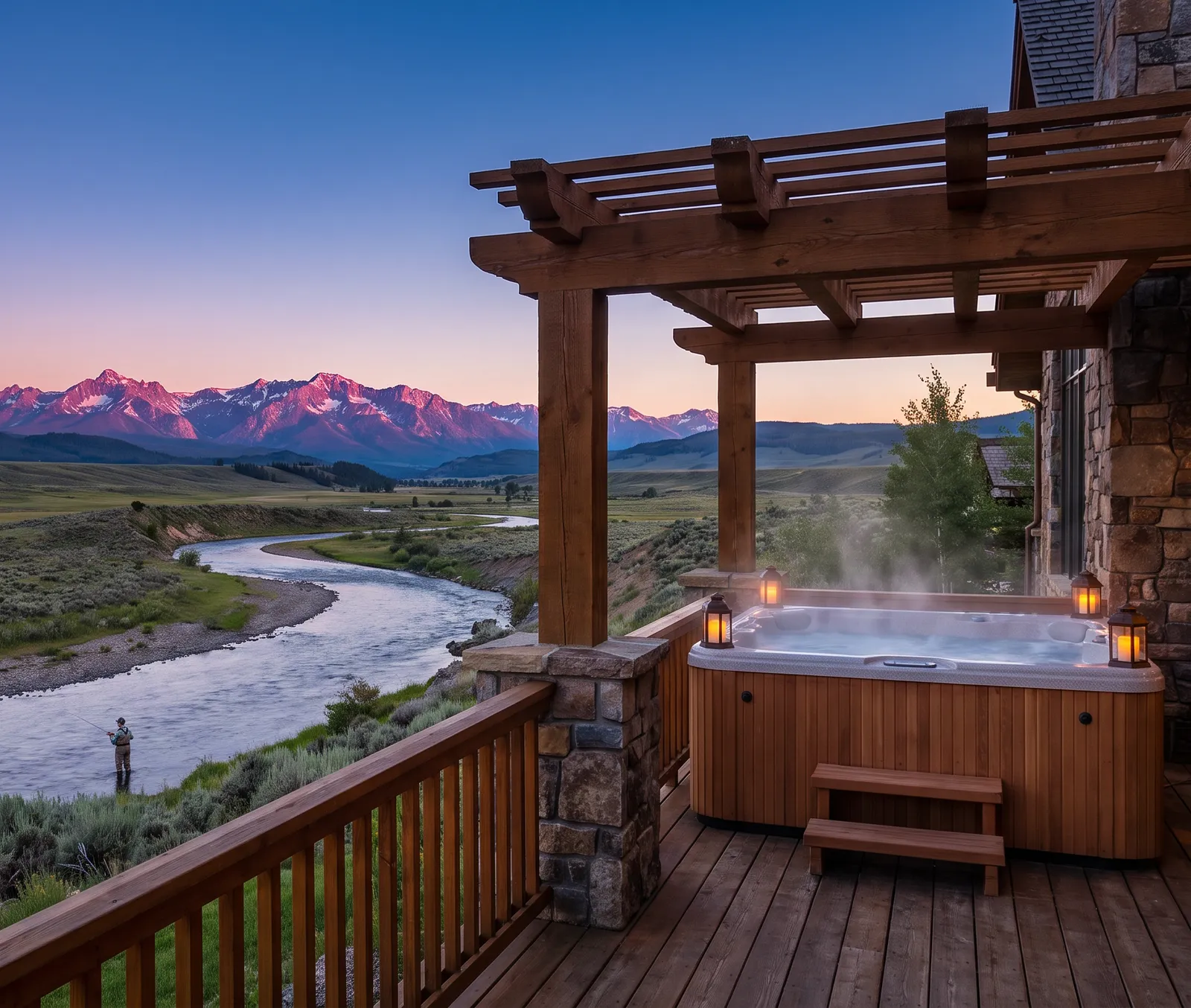 A lodge deck with a steaming hot tub above a river valley at dusk.