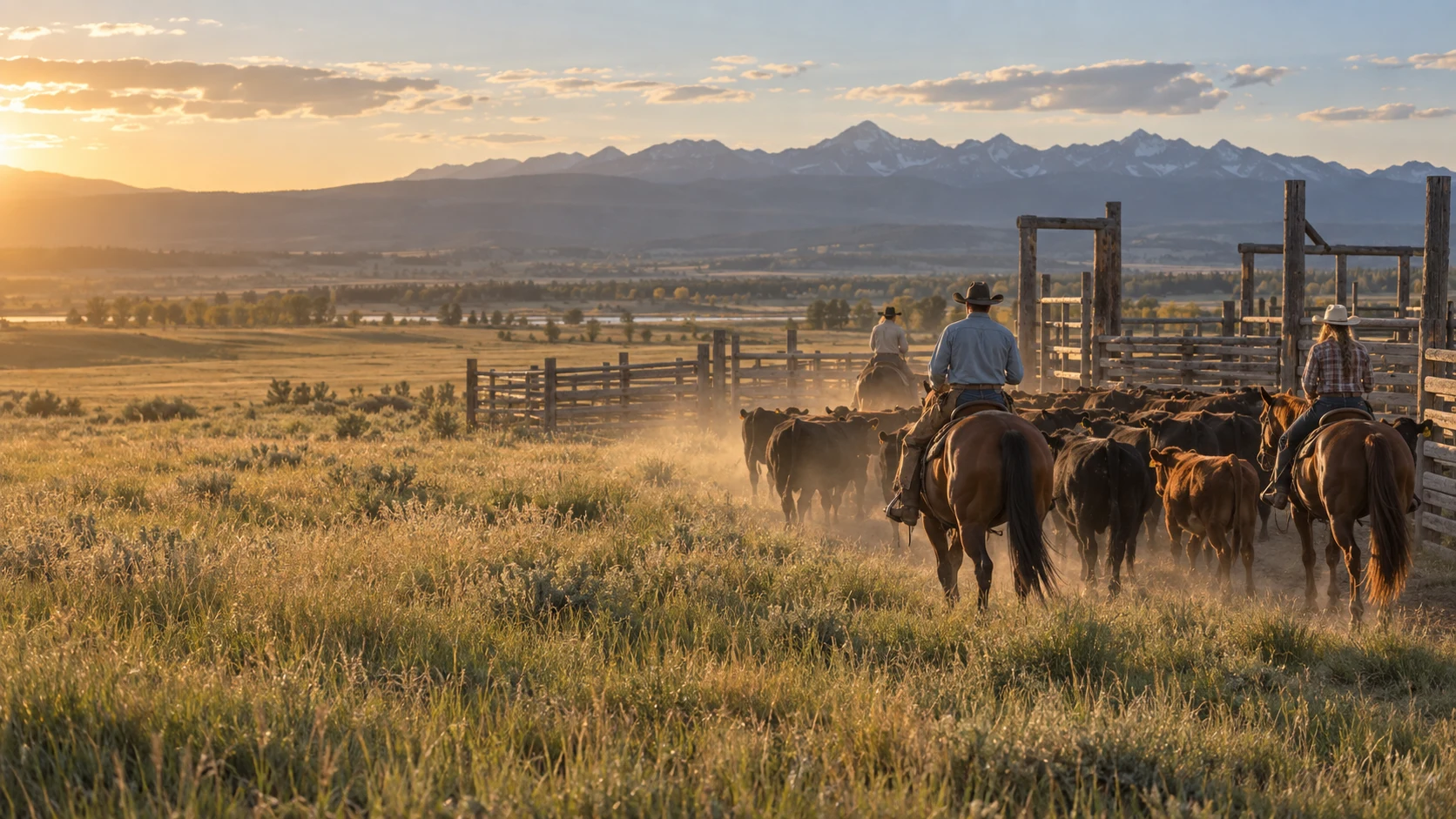 Riders moving cattle at a fictional Montana ranch beneath distant mountains.